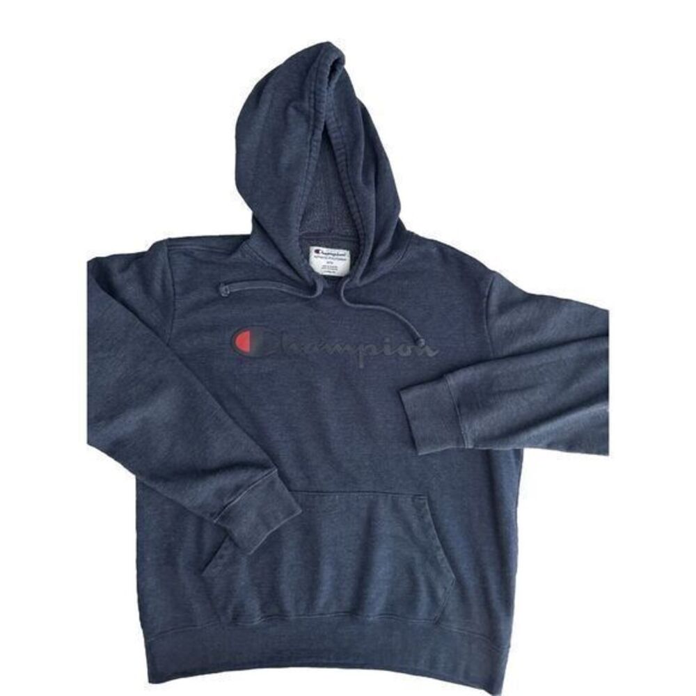 Champion Mens Hoodie Navy Blue Heather Authentic Athleticwear Script Logo Size M